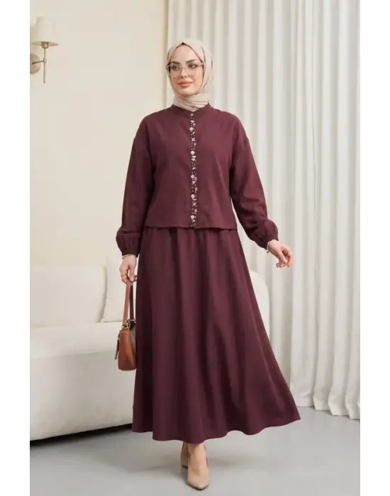 Kolu Lastikli Önü İncili Düğmeli Etekli Modal Takım   -Bordo