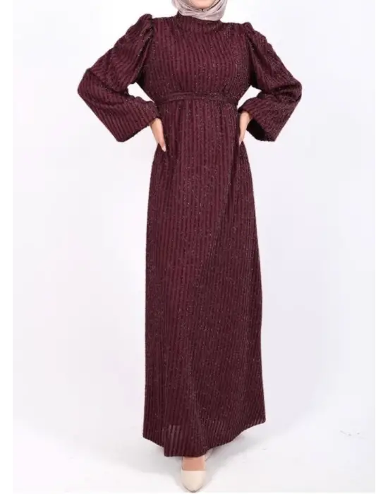 Omarı Kolu Lastikli Sim Çizgili Bordo Elbise