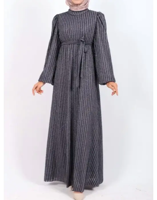 Omarı Sim Çizgili Kolu Lastikli Elbise - Gri