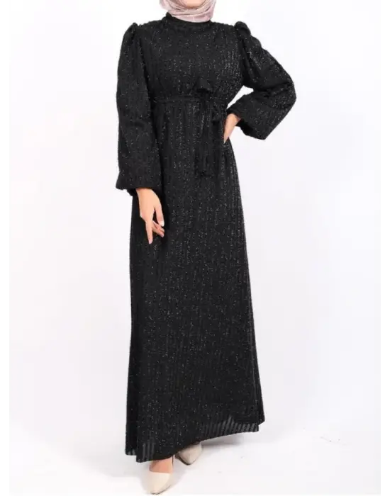 Omarı Sim Çizgili Elbise - Kolu Lastikli ve Kemerli