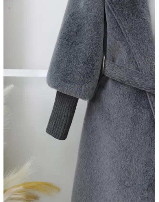 Kolu Ribanalı Şal Yaka Astarlı Kaşe Kaban -Füme