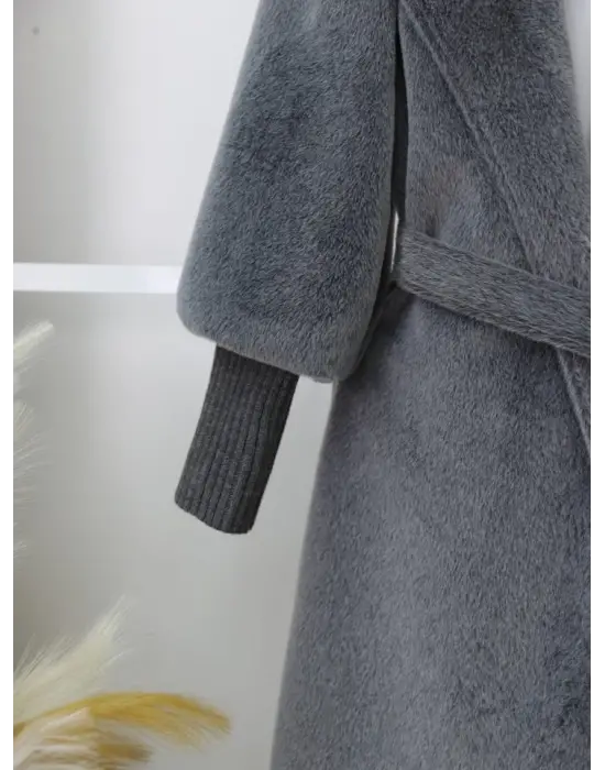 Kolu Ribanalı Şal Yaka Astarlı Kaşe Kaban -Füme