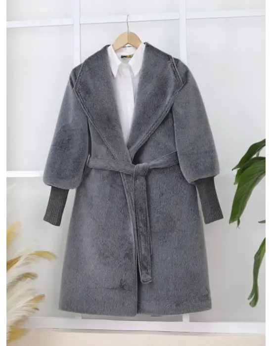 Kolu Ribanalı Şal Yaka Astarlı Kaşe Kaban -Füme