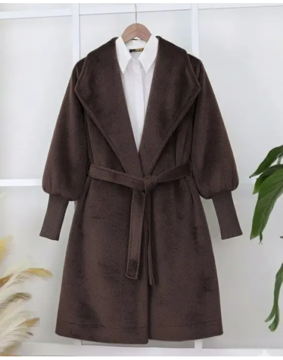 Kolu Ribanalı Şal Yaka Astarlı Kaşe Kaban    -K. Kahve