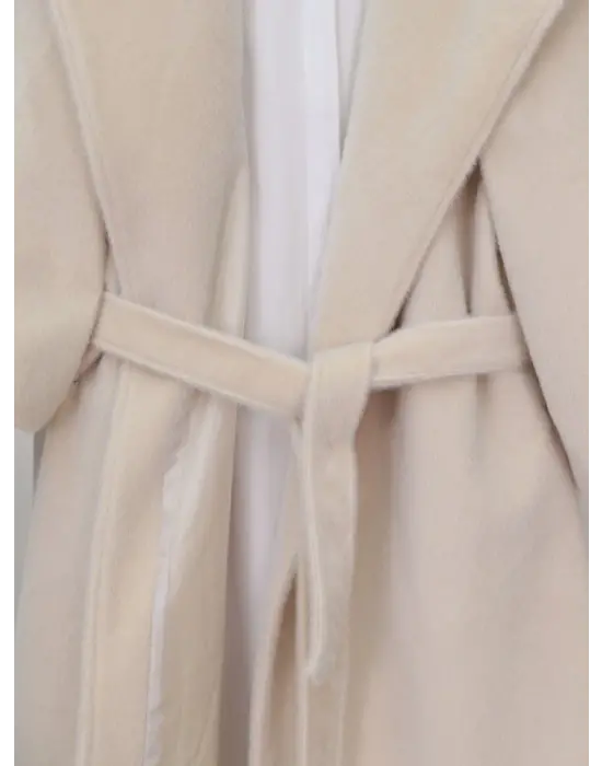 Kolu Ribanalı Şal Yaka Astarlı Kaşe Kaban -Krem