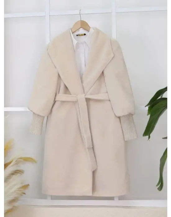 Kolu Ribanalı Şal Yaka Astarlı Kaşe Kaban -Krem