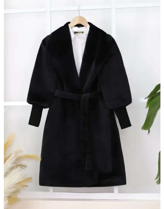 Kolu Ribanalı Şal Yaka Astarlı Kaşe Kaban -Siyah