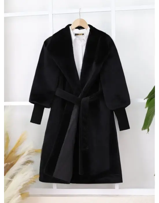 Siyah Kolu Ribanalı Şal Yaka Astarlı Kaşe Kaban Kadın Giyim