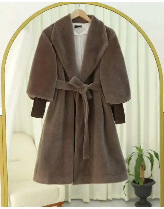 Kolu Ribanalı Şal Yaka Astarlı Kaşe Kaban     -Toprak