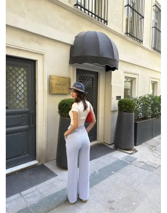 Omarı Trendy Su Yolu Desenli Cepli Kombinleme Kolay Pantolon - Açık Mavi