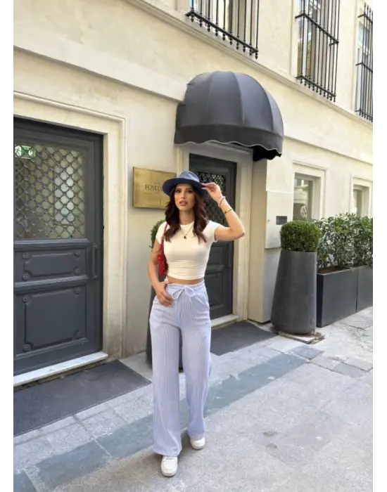 Omarı Trendy Su Yolu Desenli Cepli Kombinleme Kolay Pantolon - Açık Mavi