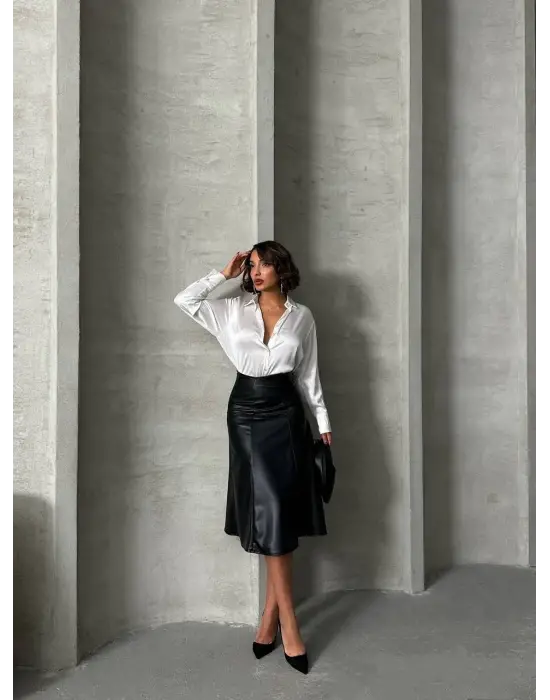 Komple parçalı deri etek siyah h26441