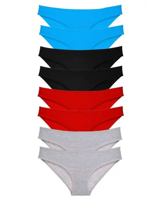 Omarı Yumuşak Likralı Kadın Slip Seti 8li Siyah Kırmızı Gri Mavi