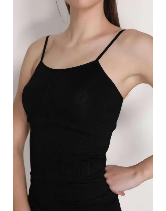 Omarı Dikişsiz İnce Askılı Siyah Atlet