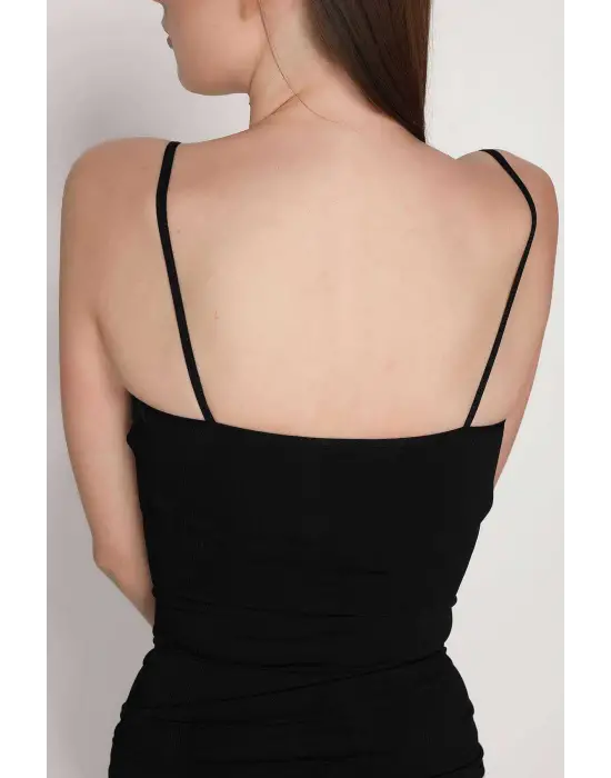 Omarı Dikişsiz İnce Askılı Siyah Atlet