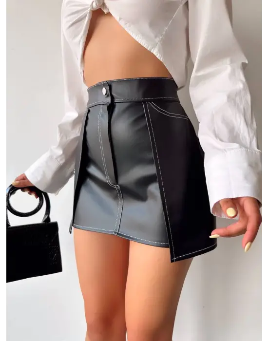 Siyah Kontrast Deri Etek - Trendy ve Şık Moda Önerisi