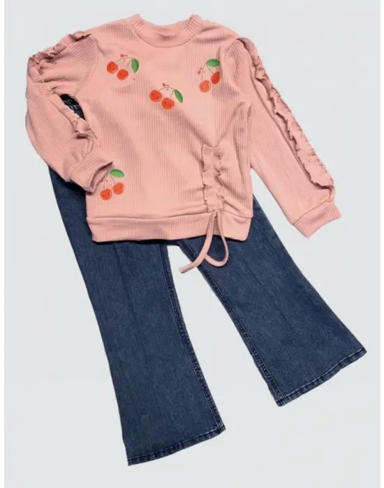 Omarı Kot Pantolonlu Kiraz Desenli Penye Sweat Kız Çocuk Takımı