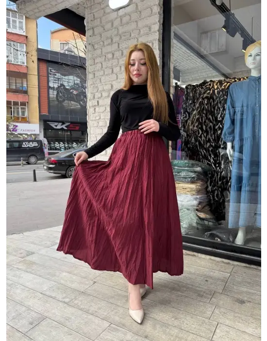 Omarı Deri görünümlü kadife kısa etek - Bordo