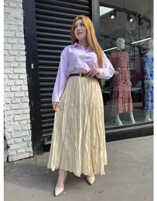 Omarı Deri Detaylı Krem Rengi Etek