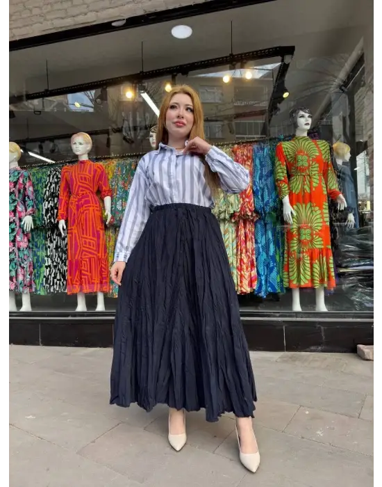 Omarı Deri Detaylı Siyah Kalem Etek