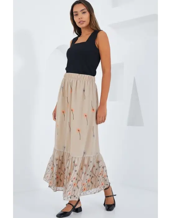 Krem Desenli Şifon Etek 8010