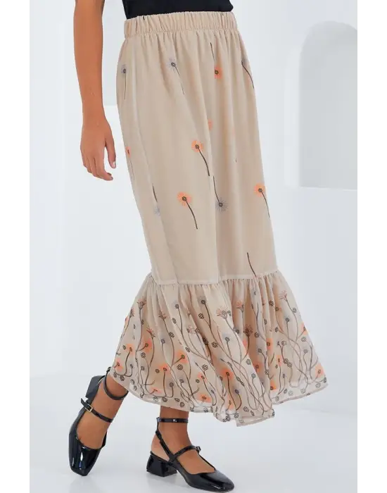 Krem Desenli Şifon Etek 8010