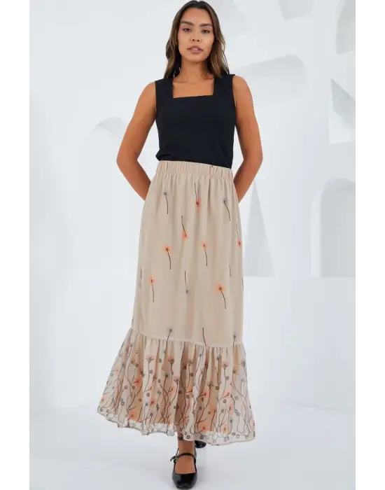 Krem Desenli Şifon Etek 8010