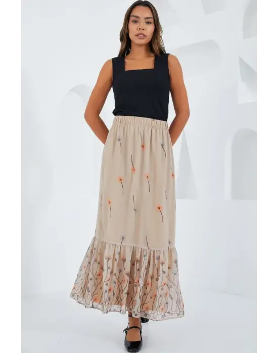 Krem Desenli Şifon Etek 8010