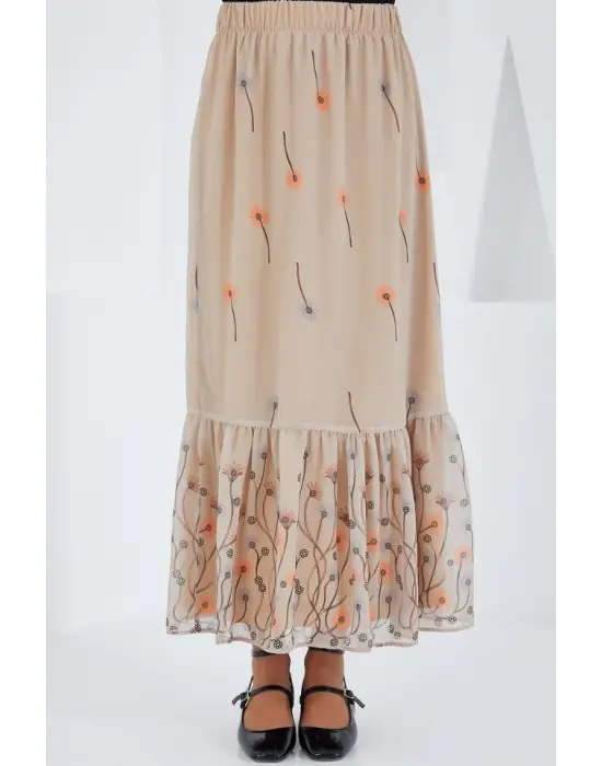 Krem Desenli Şifon Etek 8010