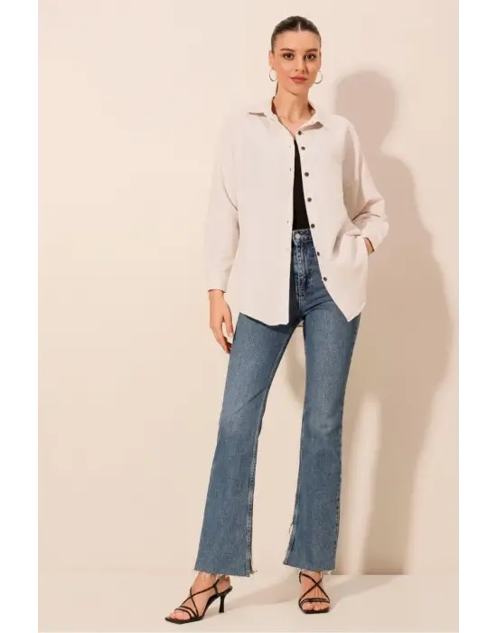 Krem Düz Oversize Uzun Basic Gömlek 3900