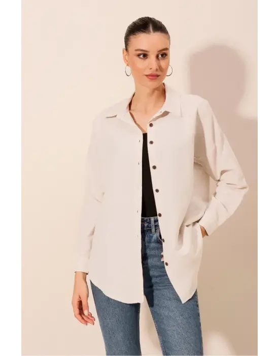 Krem Düz Oversize Uzun Basic Gömlek 3900