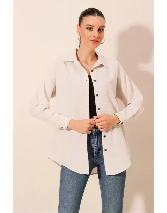Krem Düz Oversize Uzun Basic Gömlek 3900