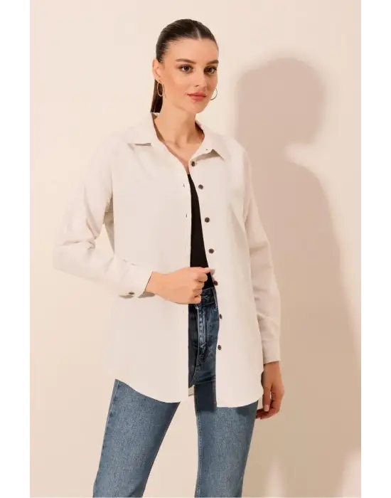 Krem Düz Oversize Uzun Basic Gömlek 3900