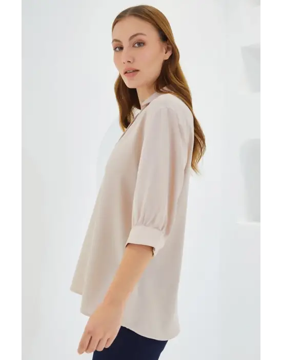 Krem Gömlek Yaka Saten Bluz 0493