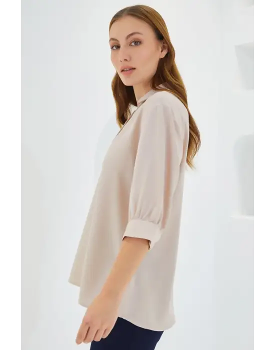 Krem Gömlek Yaka Saten Bluz 0493