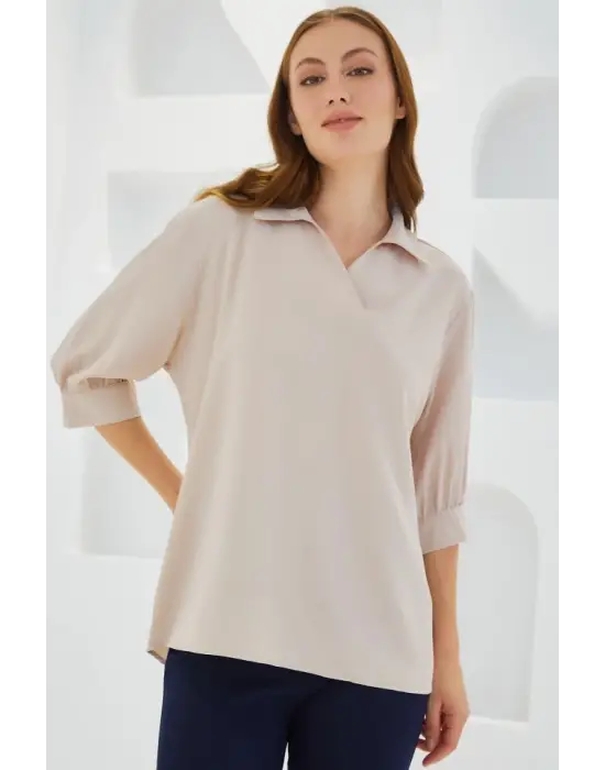 Krem Gömlek Yaka Saten Bluz 0493
