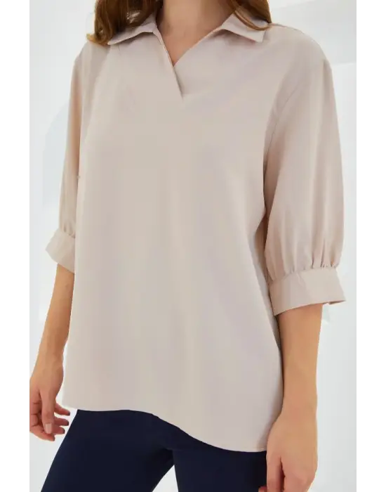 Krem Gömlek Yaka Saten Bluz 0493