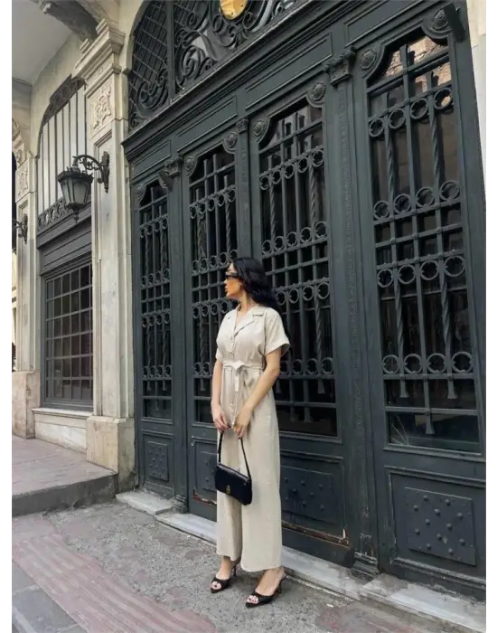 Omarı Keten Tulum - Bel Bağlama Detayıyla Zarif Tasarım - Krem