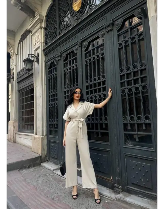 Omarı Keten Tulum - Bel Bağlama Detayıyla Zarif Tasarım - Krem