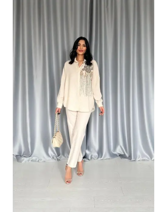 Krem Pulpayet Nakışlı Bedensiz Gömlek