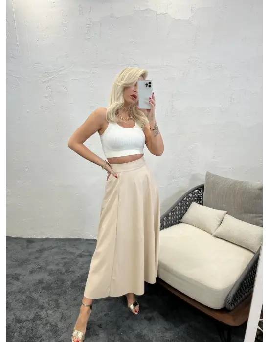 Omarı Dantel Detaylı Şık Krem Etek