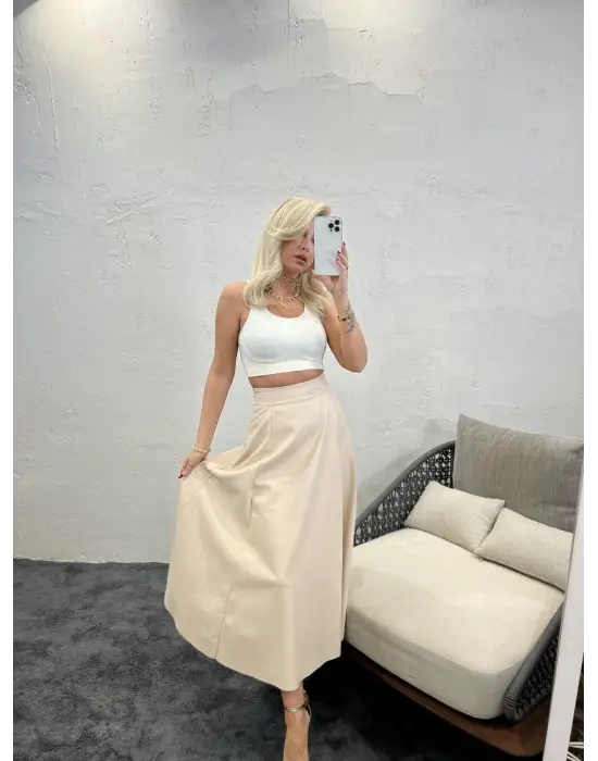 Omarı Dantel Detaylı Şık Krem Etek