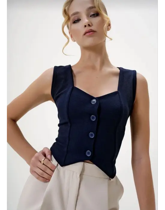 Omarı Lacivert Krep Kumaş Düğmeli Yelek