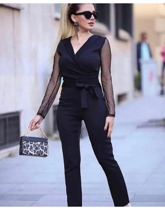 Krep Kumaş Kol Tül Puan Detaylı Kuşaklı Tulum 141 Cm