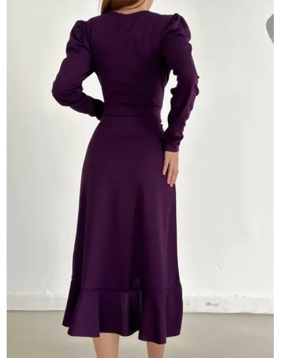 Omarı Zarif Kuşaklı Krep Kumaş Midi Elbise