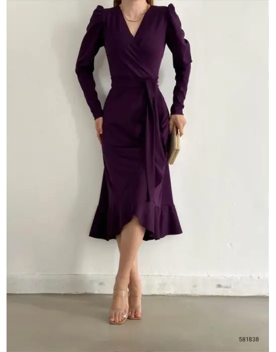 Krep Kumaş Midi Boy Kuşaklı Uzunkol Elbise