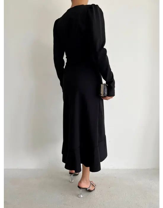 Krep Kumaş Midi Boy Kuşaklı Uzunkol Elbise 113 Cm