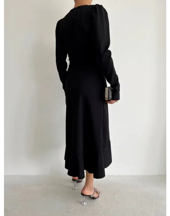 Omarı Krep Kumaş Midi Boy Kuşaklı Elbise