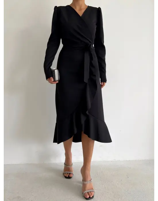 Krep Kumaş Midi Boy Kuşaklı Uzunkol Elbise 113 Cm