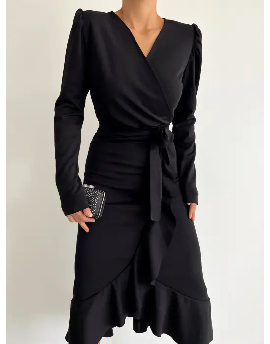 Krep Kumaş Midi Boy Kuşaklı Uzunkol Elbise 113 Cm